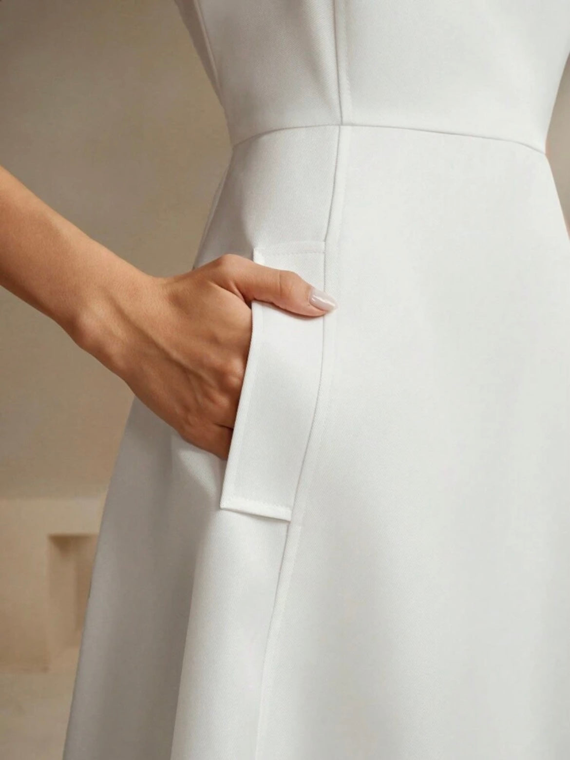 CM-DS341609 Women Elegant Seoul Style Square Neck Strap A-Line Cinched Waist Flattering Dress - White