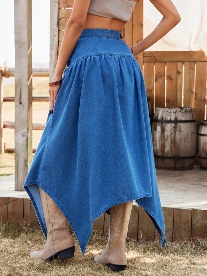 CM-BS174712 Women Trendy Bohemian Style Asymmetrical Tie Waist Long Denim Skirt - Blue
