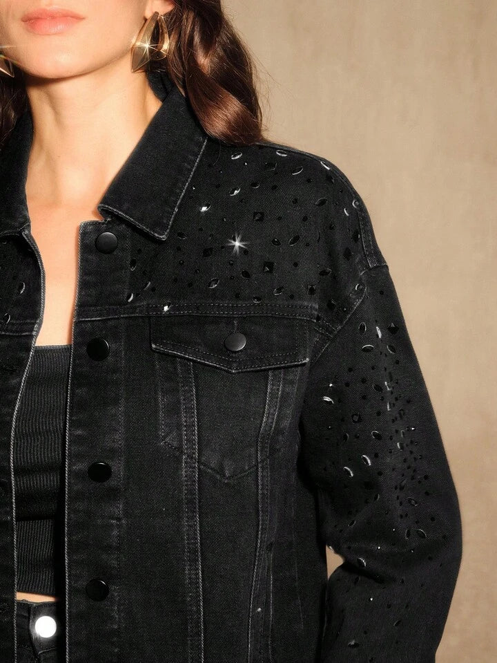 CM-CS798888 Women Casual Seoul Style Collar Neckline Long Sleeve Street-Style Diamond Embellished Indigo Denim Jacket