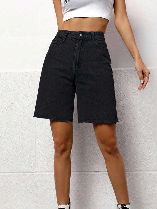 CM-BS280506 Women Casual Seoul Style Solid Color Pocket Frayed Hem Bermuda Denim Shorts - Black