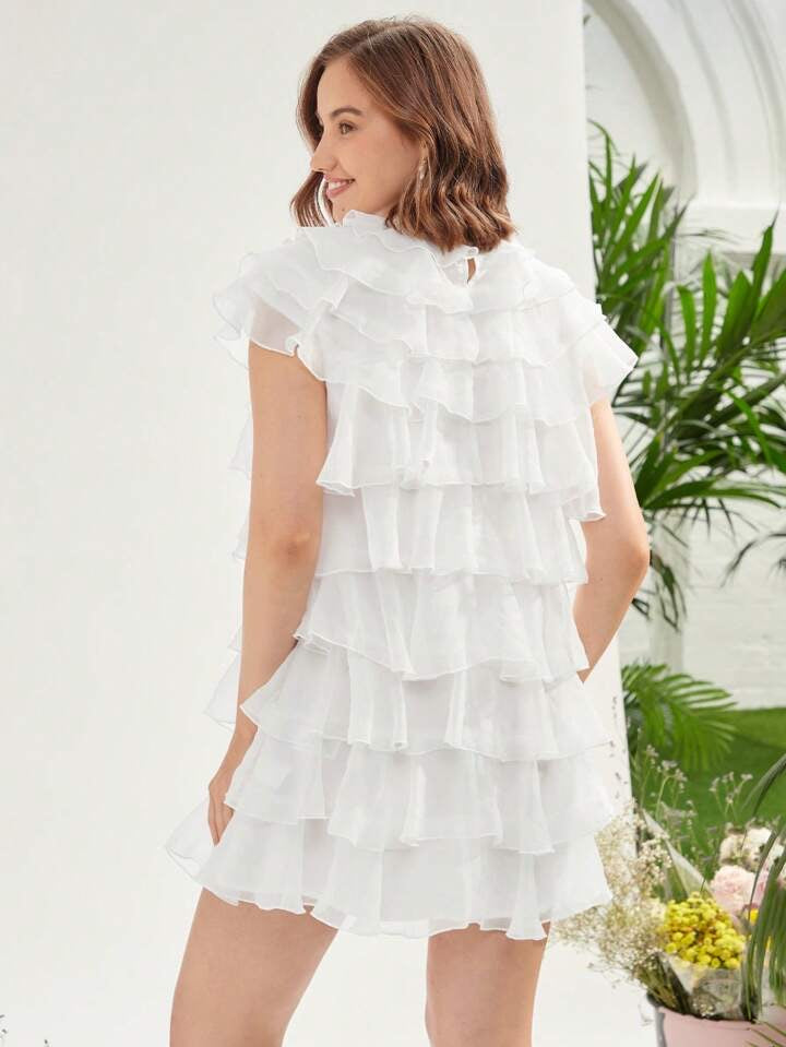 CM-DS601121 Women Elegant Seoul Style Tie Neck Short Sleeve Ruffle Trim Organza Dress