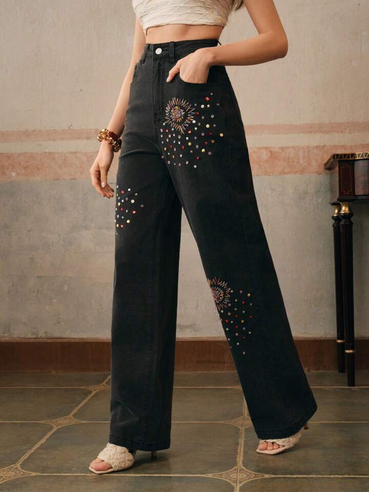 CM-BS322616 Women Casual Seoul Style Diamond Embroidered Floral Straight-Leg Jeans