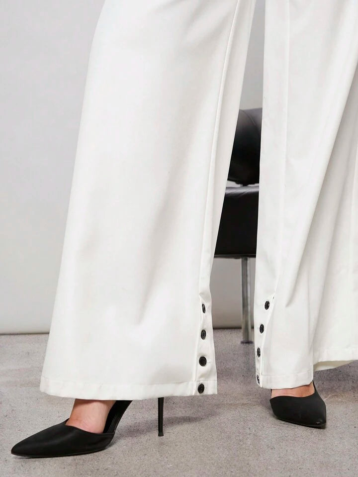 CM-BS606488 Women Elegant Seoul Style Button Hem Belted Wide Leg Pants - White