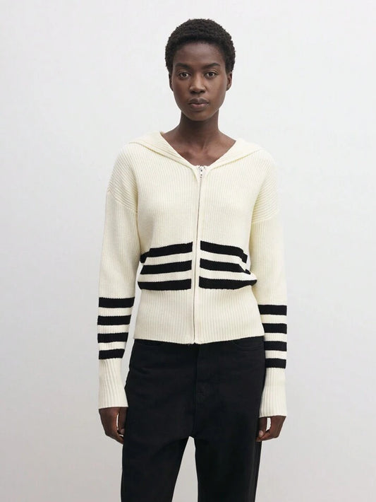 CM-CS055074 Women Casual Seoul Style Sailor Collar Long Sleeve Striped Knit Sweater