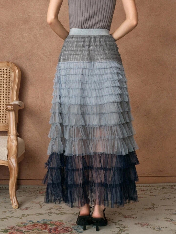 CM-BS336366 Women Elegant Seoul Style High Waist Gradient Mesh Contrast Cake Skirt Tulle Long Skirt - Blue