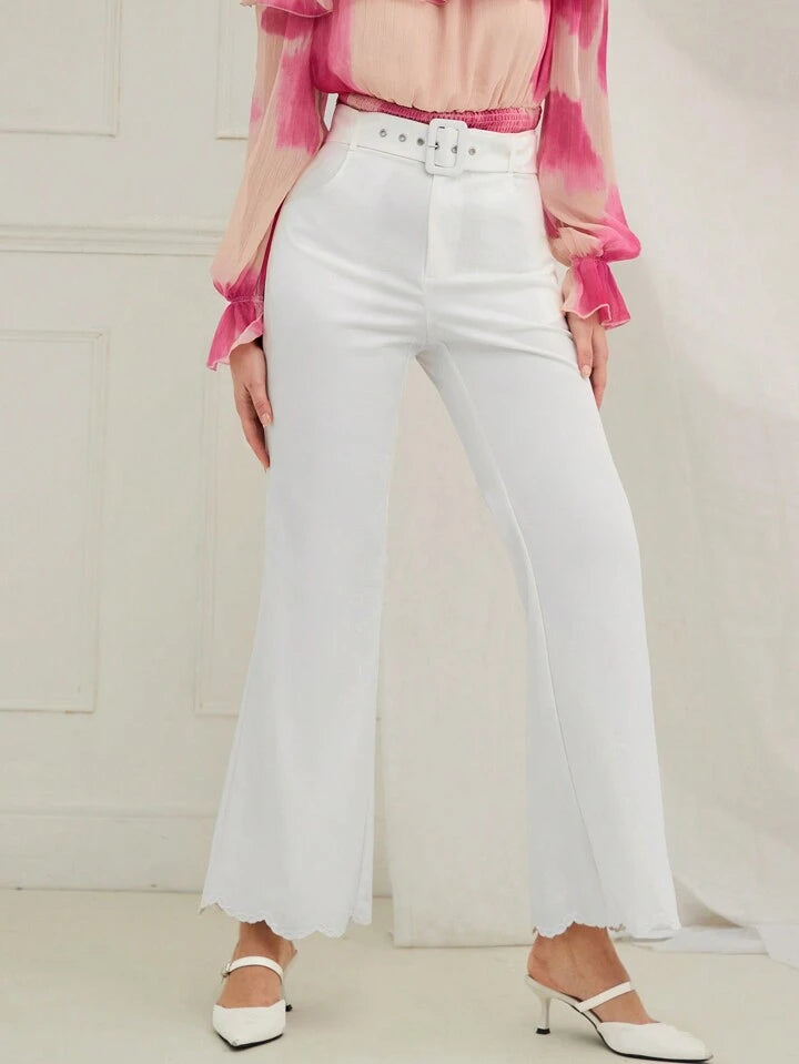 CM-BS067926 Women Casual Seoul Style Belt Loop Embroidery High Waist Flare Leg Pants - White