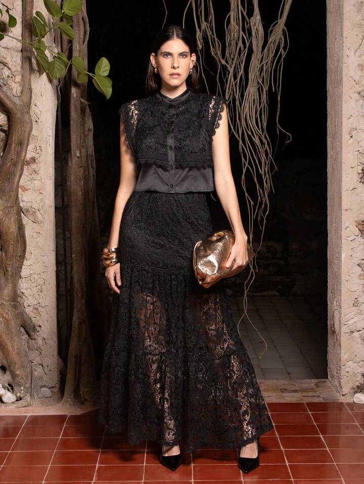 CM-TS147303 Women Elegant Seoul Style Stand Collar Barwing Sleeve Satin Lace Button Blouse - Black