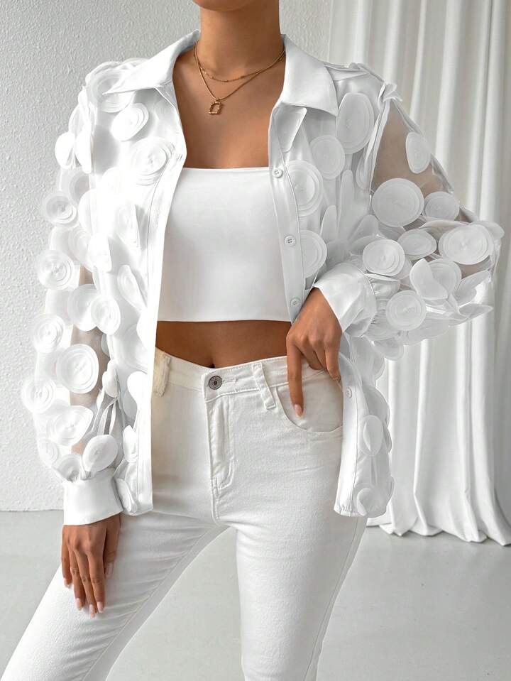 CM-TS948226 Women Elegant Seoul Style 3D Petal Chiffon Hollow Out Lantern Sleeves Shirt - White