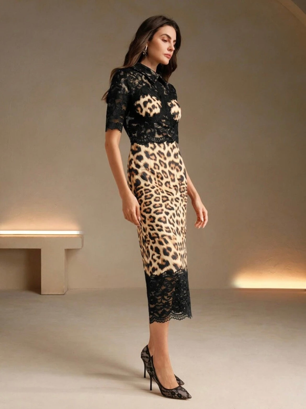 CM-DS811756 Women Elegant Seoul Style Collar Neckline Lace Patchwork Pattern Bodycon Maxi Dress