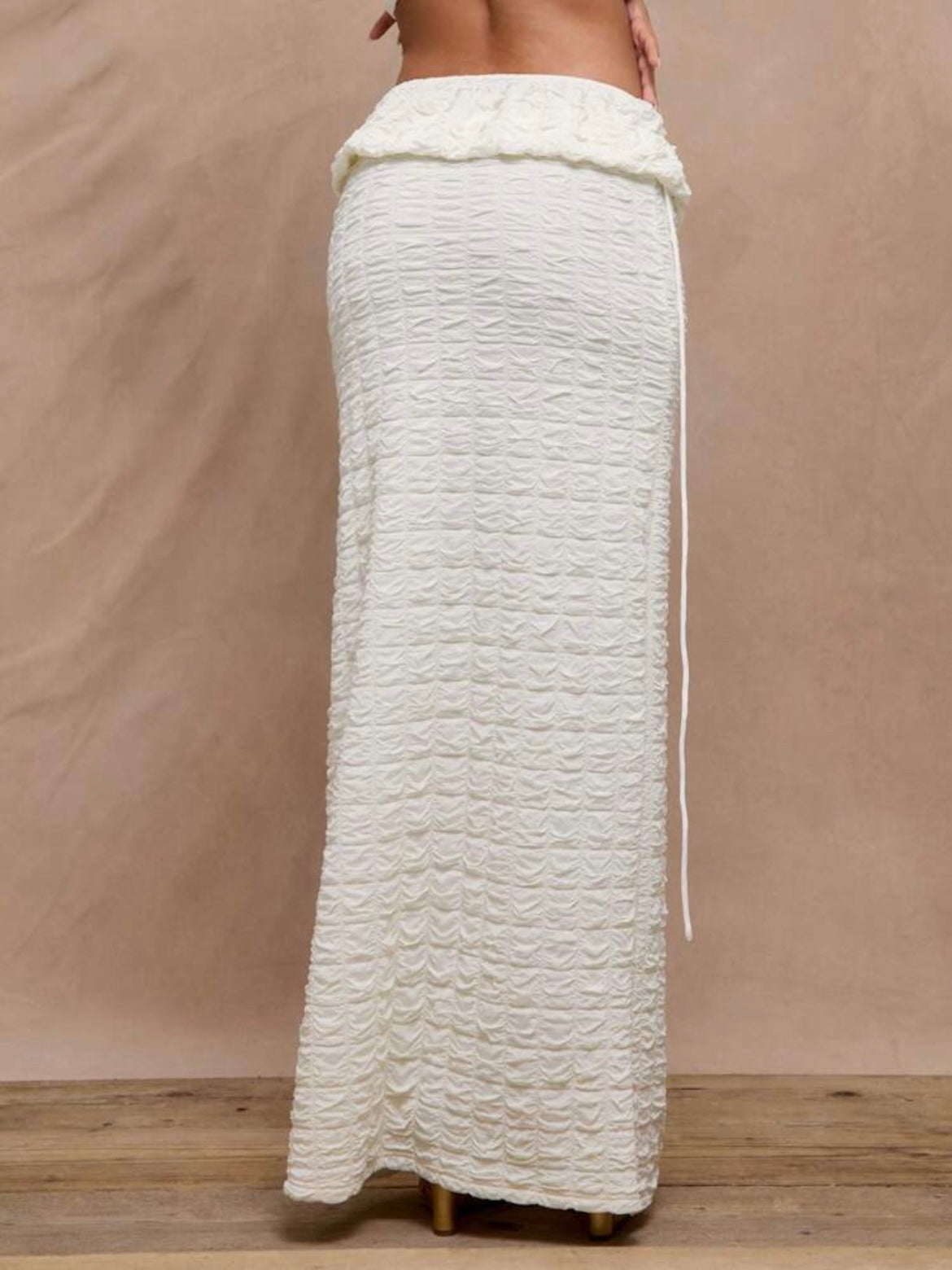 CM-BS112722 Women Trendy Bohemian Style Textured Folded Waist Maxi Skirt - Beige
