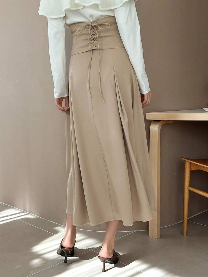 CM-BS000500 Women Trendy Bohemian Style High Waist Button Detail Skirt - Khaki