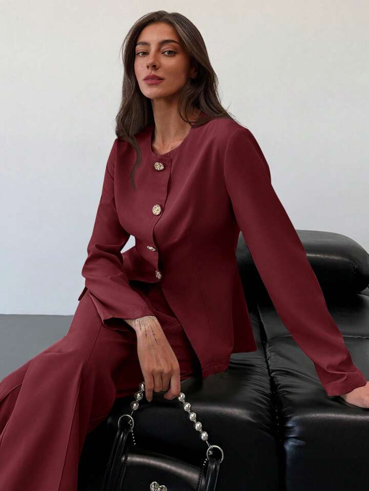 CM-SS012207 Women Elegant Seoul Style Slim Fit Round Neck Long Sleeve Top With Floor-Length Straight Leg Pants - Set