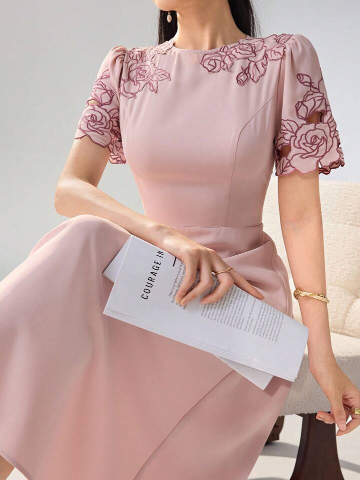 CM-DS691637 Women Elegant Seoul Style Floral Embroidery Round Neck Short Puff Sleeve Mid-Length Dress - Pink