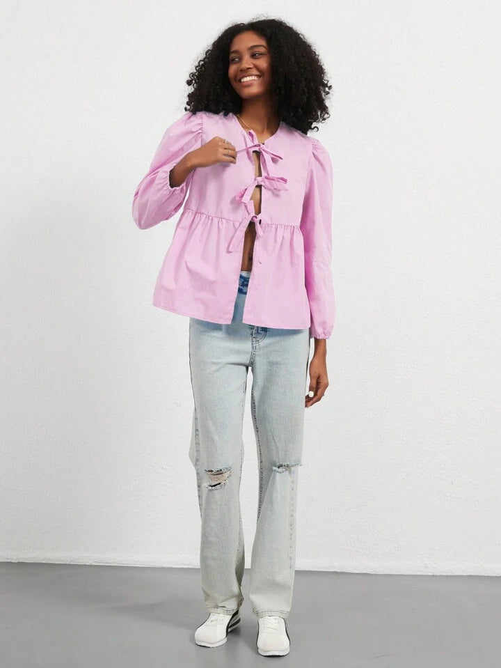 CM-TS866782 Women Casual Seoul Style Print Ruffle Hem Tie Long Sleeve Shirt - Pink