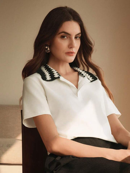 CM-TS122449 Women Casual Seoul Style Color Block Ribbed Trim Short Sleeve T-Shirt - White