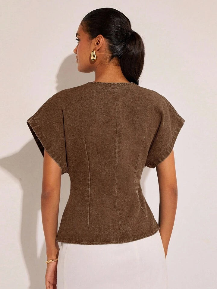 CM-TS555848 Women Casual Seoul Style Single-Button V-Neck Batwing Sleeve Denim Blouse - Brown