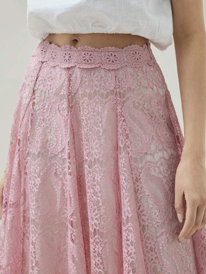 CM-BS666792 Women Trendy Bohemian Style High Waist Lace Pleated A-Line Midi Skirt - Pink