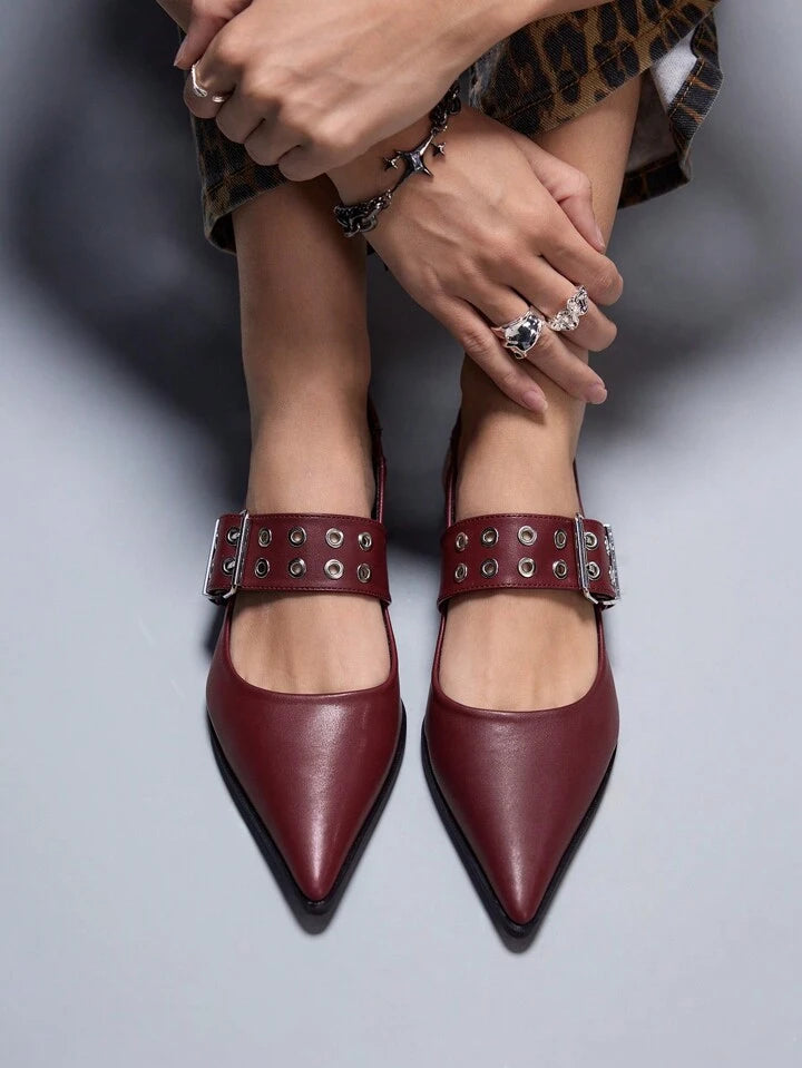 CM-SHS862685 Women Trendy Seoul Style PU Leather Pointed Toe Flat Shoes With Back Strap - Burgundy