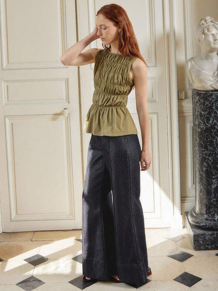 CM-BS339601 Women Casual Seoul Style Dark Wash Seam Front Detail High Waist Flare Denim Jeans