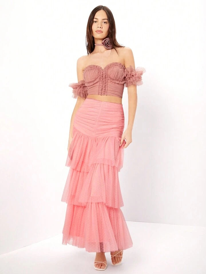 CM-BS236668 Women Elegant Seoul Style High Waisted Mesh Layers Ruffle Trim Skirt - Pink