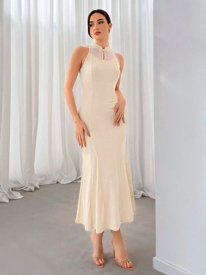 CM-DS881115 Women Elegant Seoul Style Cheongsam Collar Patchwork Mesh Fish Tail hem Dress