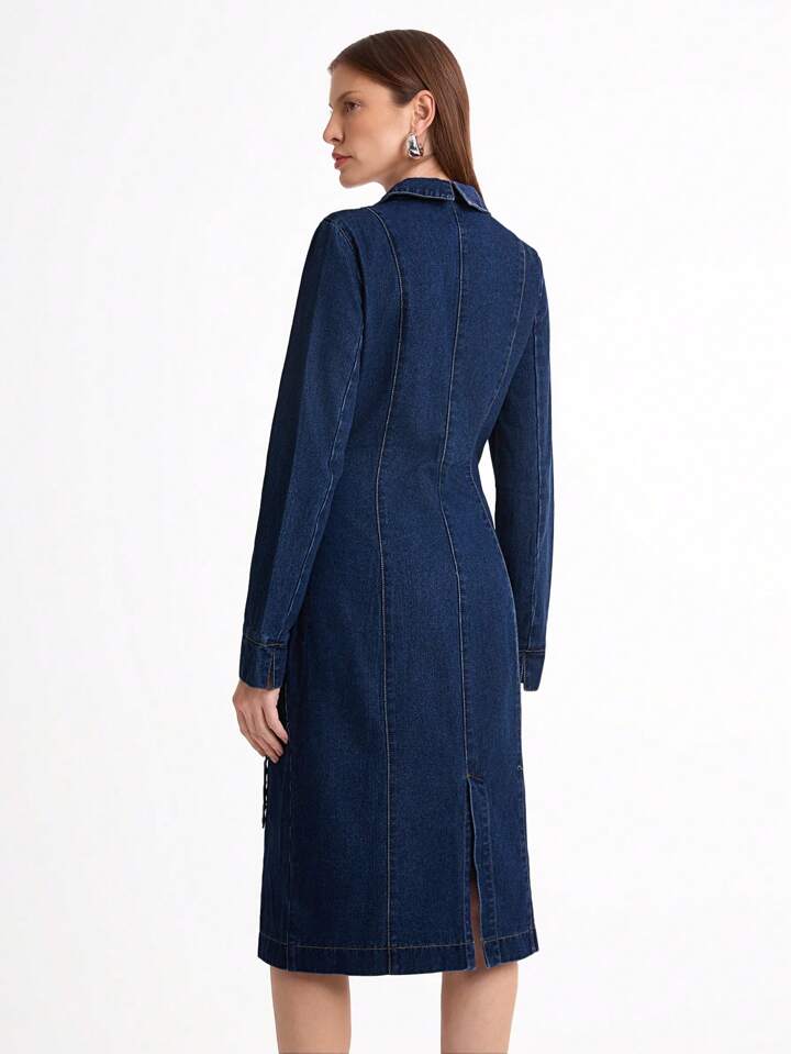 CM-DS041418 Women Elegant Seoul Style Dark Wash Colar Neckline Long Sleeve Asymmetrical Denim Dress