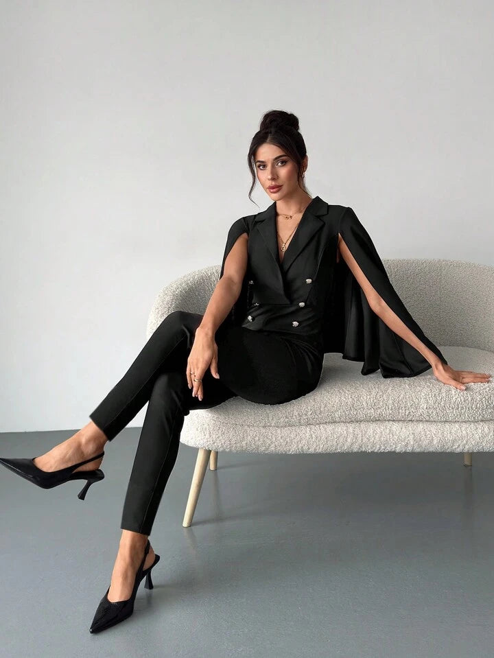 CM-JS147443 Women Elegant Seoul Style Suit Collar Cape Sleeve Slim Long Jumpsuit - Black