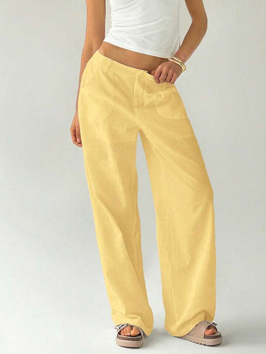 CM-BS228239 Women Casual Seoul Style Solid Color Low Waist Loose Straight Leg Pants - Yellow