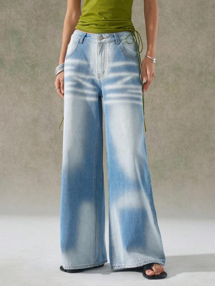 CM-BS636054 Women Casual Seoul Style All-Over Print Washed Distressed Wide-Leg Jeans - Blue