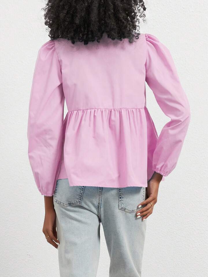 CM-TS866782 Women Casual Seoul Style Print Ruffle Hem Tie Long Sleeve Shirt - Pink