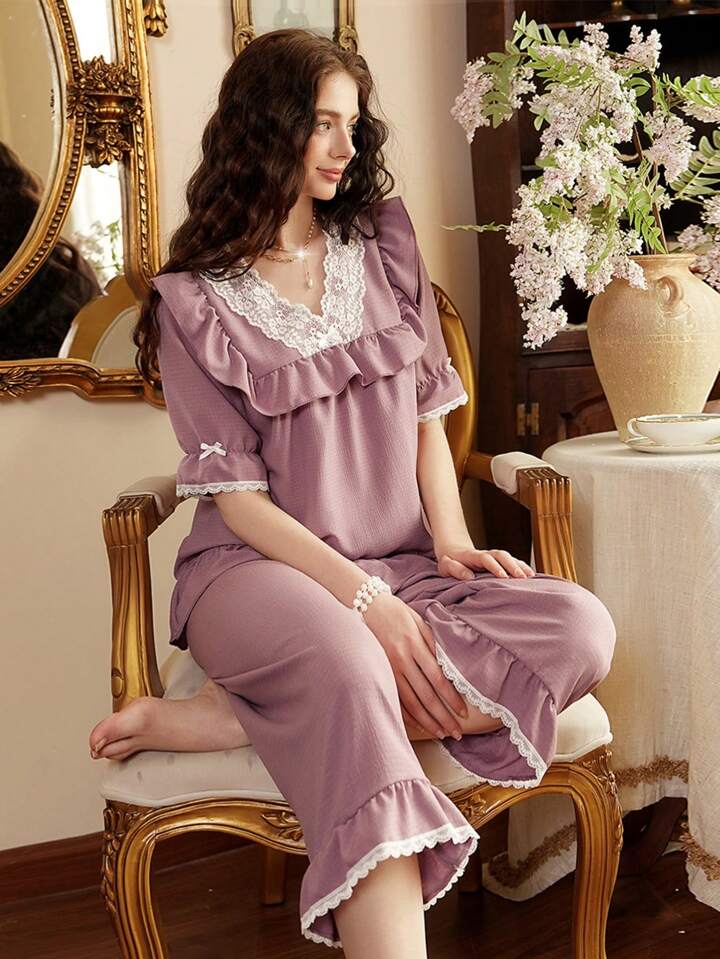 CM-LS629616 Women Trendy Seoul Style V-Neck Half Sleeve Lace Patchwork Pajama Set - Dusty Purple