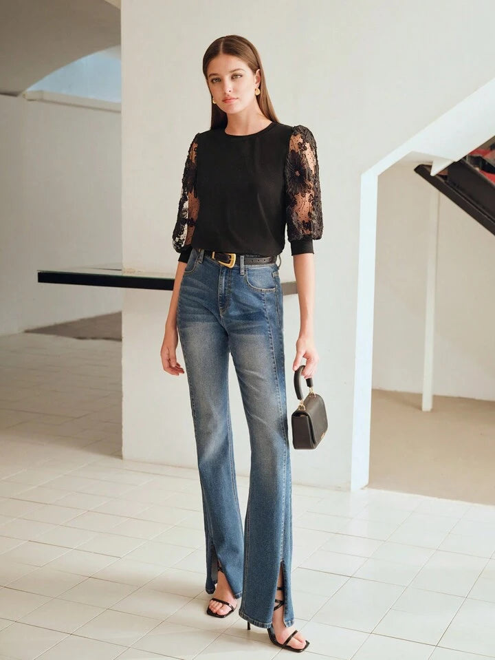 CM-TS949863 Women Elegant Seoul Style Round Neck Floral Pattern Dobby Mesh Lantern Sleeve Tee - Black