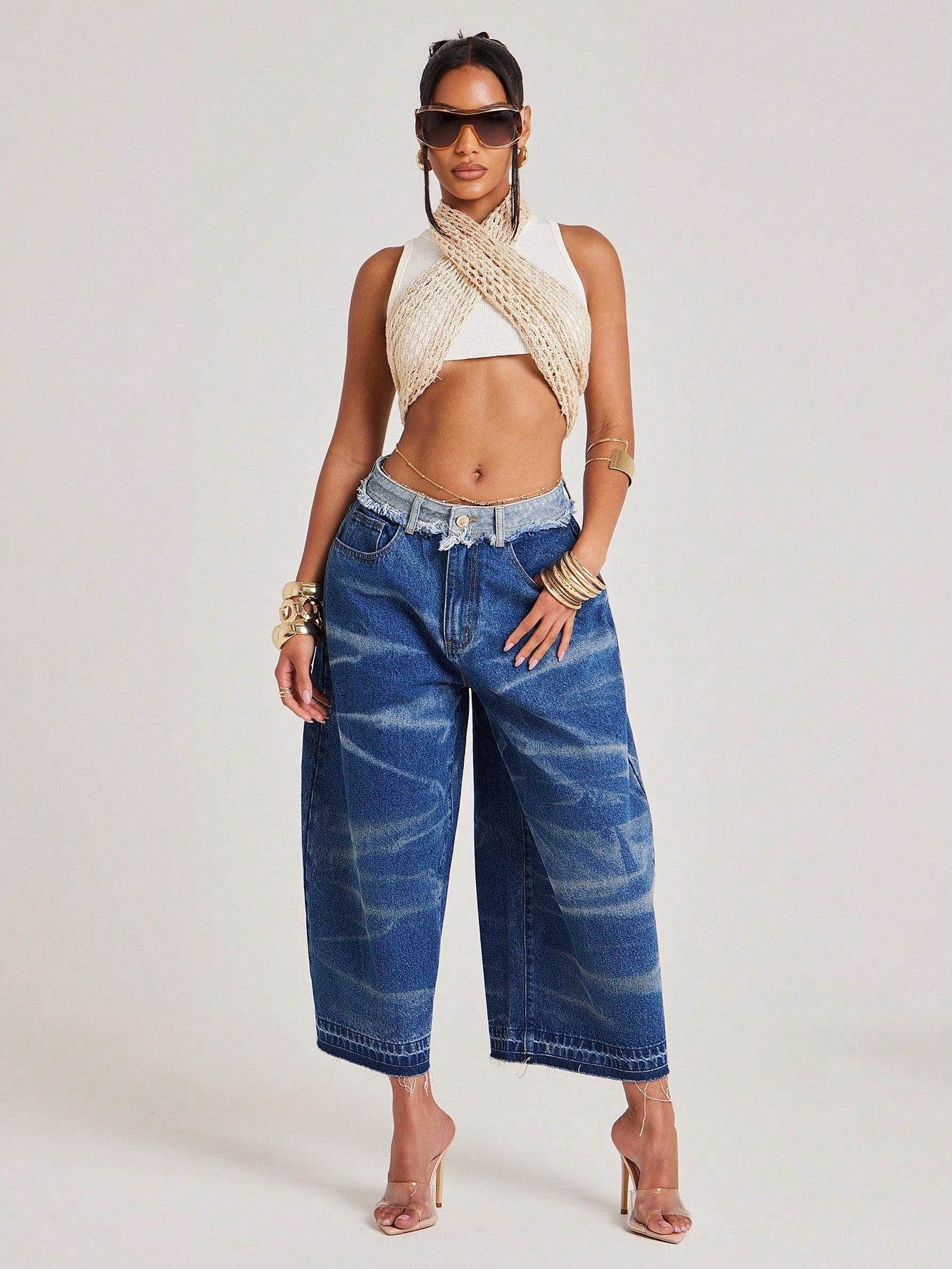 CM-BS065804 Women Casual Seoul Style Medium Wash Cutoff Waistband Baggy Loose Fit Oversized Bermuda Denim Shorts