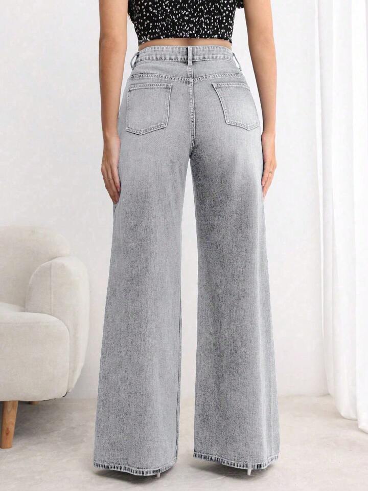 CM-BS639951 Women Elegant Seoul Style Button Front Pocket Loose Wide Leg Jeans - Light Gray