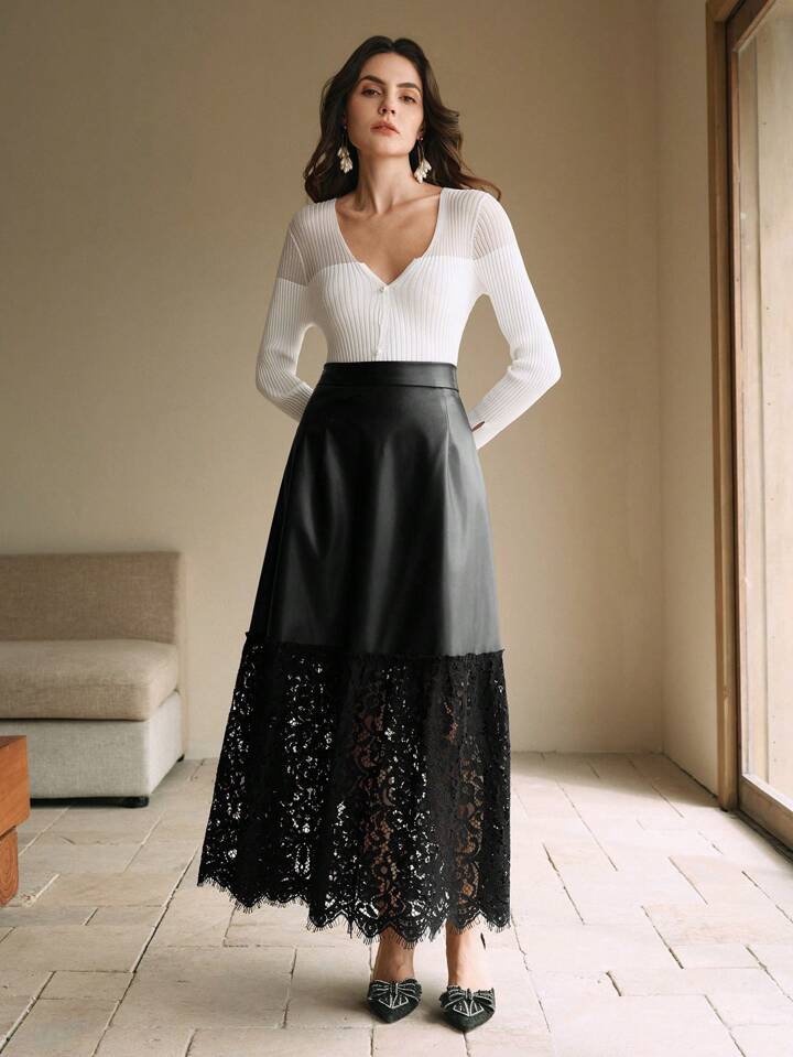 CM-BS697196 Women Elegant Seoul Style Lace Splicing PU Leather Mid-Length A-Line Skirt - Black