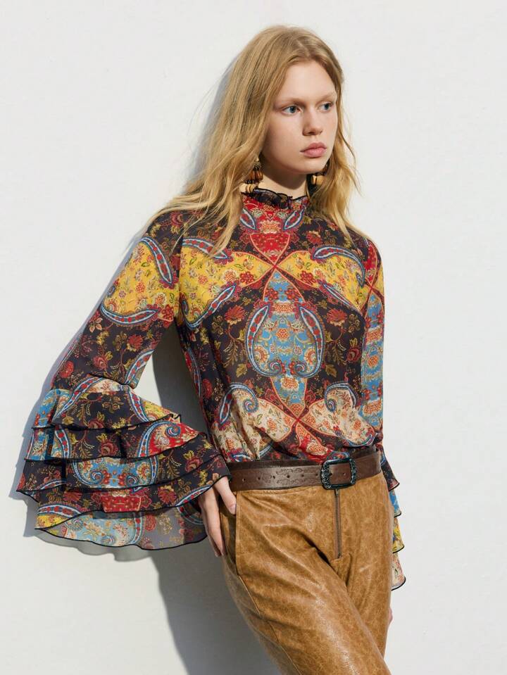 CM-TS979228 Women Trendy Bohemian Style Stand Collar Floral Print Bell Sleeve Layered Blouse