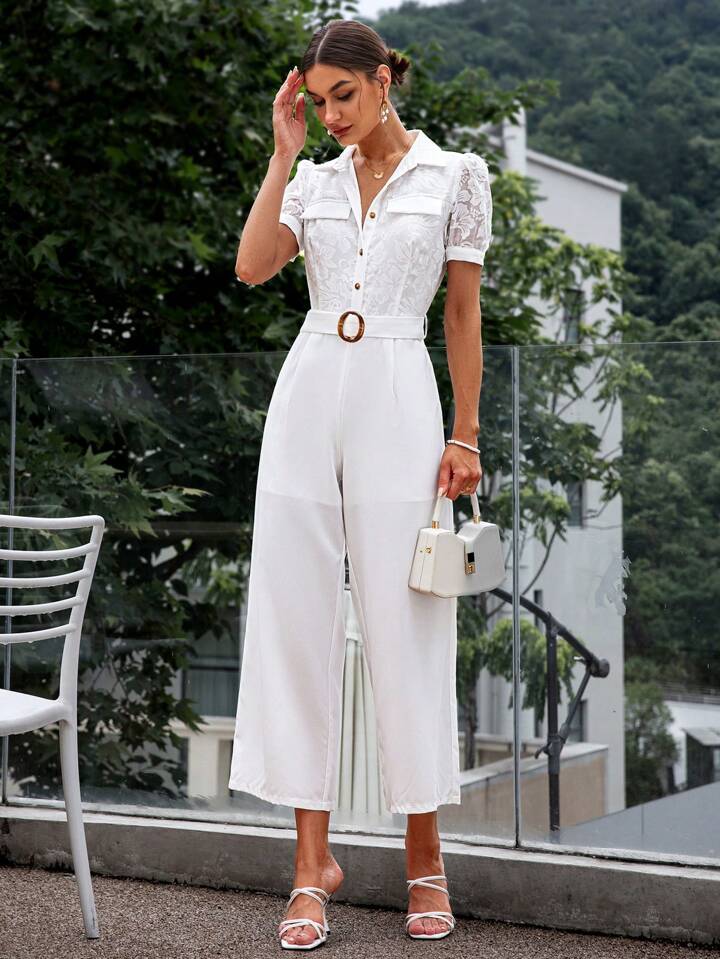 CM-JS036140 Women Elegant Seoul Style Lace Splicing Short Sleeve Jumpsuit - White