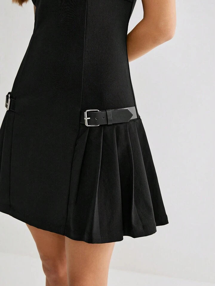 CM-DS443316 Women Casual Seoul Style Round Neck Sleeveless Belt Decor Pleated Hem Mini Dress - Black