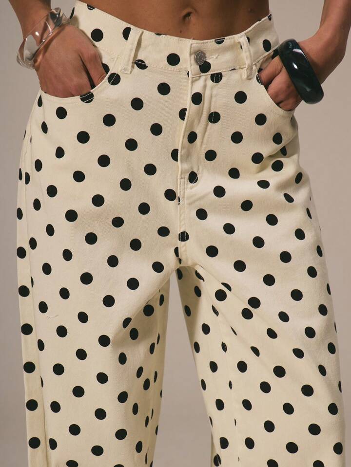 CM-BS299465 Women Casual Seoul Style Polka Dot Denim Straight Leg Mid Rise Jeans - Apricot