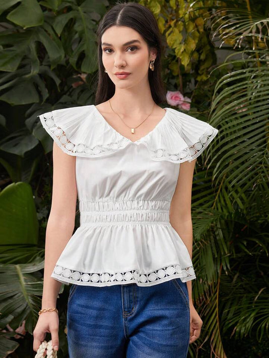 CM-TS505005 Women Casual Seoul Style Lace Patchwork Doll Collar Sleeveless Blouse - White
