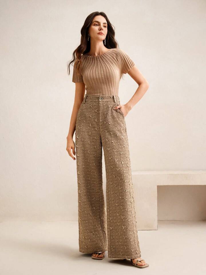 CM-BS456261 Women Elegant Seoul Style Minimalist Textured Wide Leg Pants - Khaki