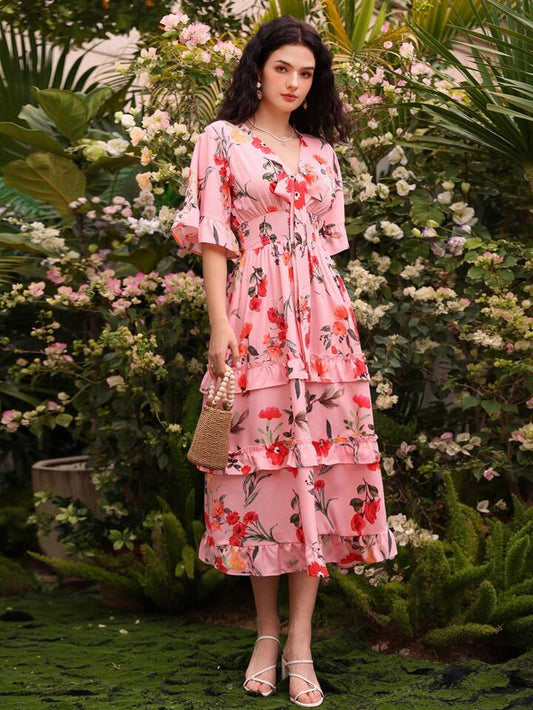 CM-DS211059 Women Trendy Bohemian Style Floral Print Ruffle Hem Shirred Cinching Waist Dress