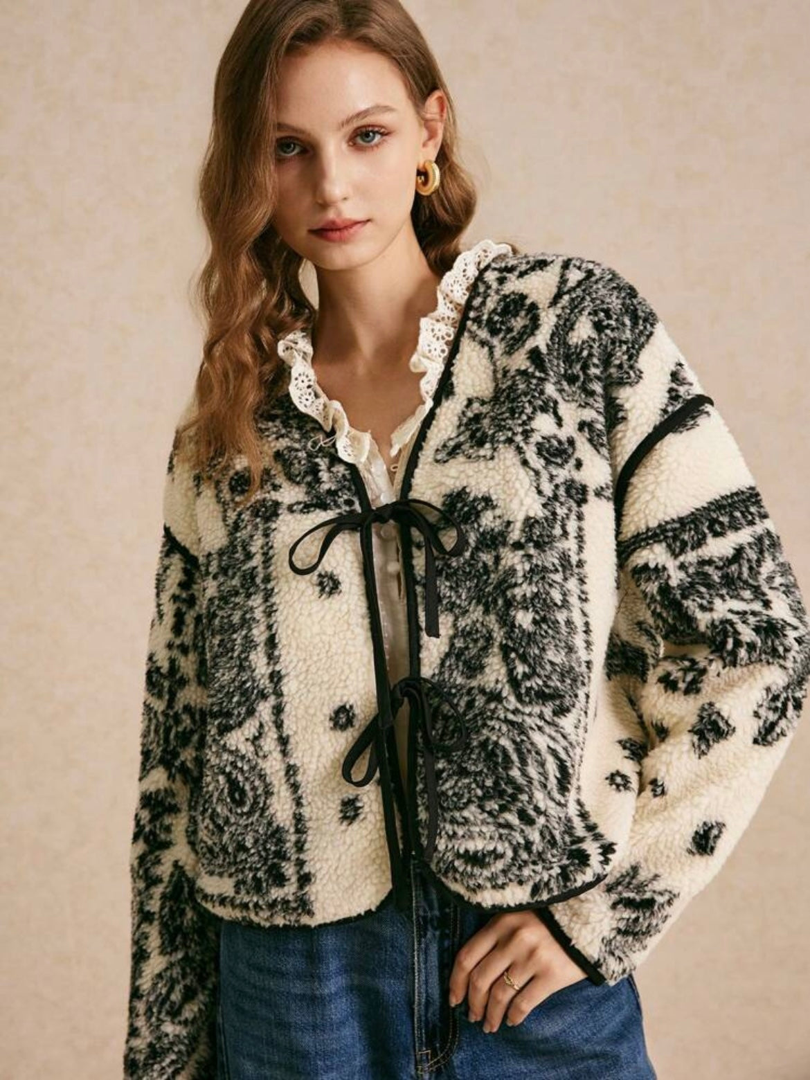 CM-CS143588 Women Casual Seoul Style Contrast Lace-Up Long Sleeve Printed Jacket