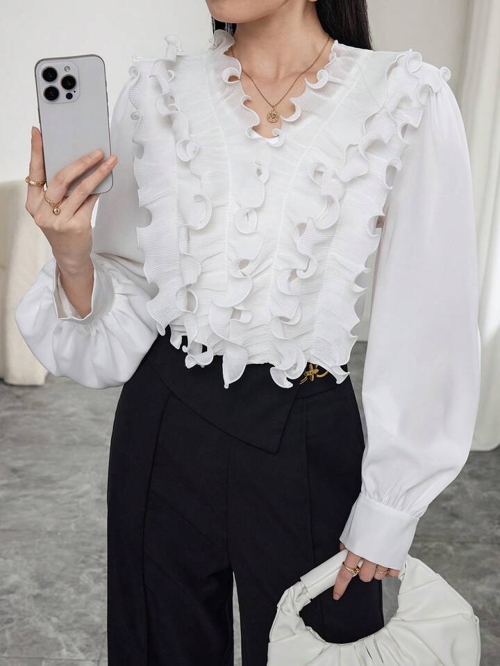 CM-TS600109 Women Elegant Seoul Style V-Neck Loose Fit Long Sleeve Frill Trim Blouse - White