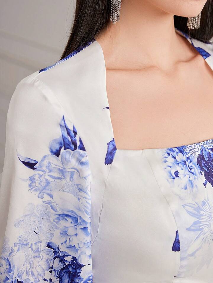 CM-DS919193 Women Elegant Seoul Style Square Neck Floral Print Lantern Sleeve Dress
