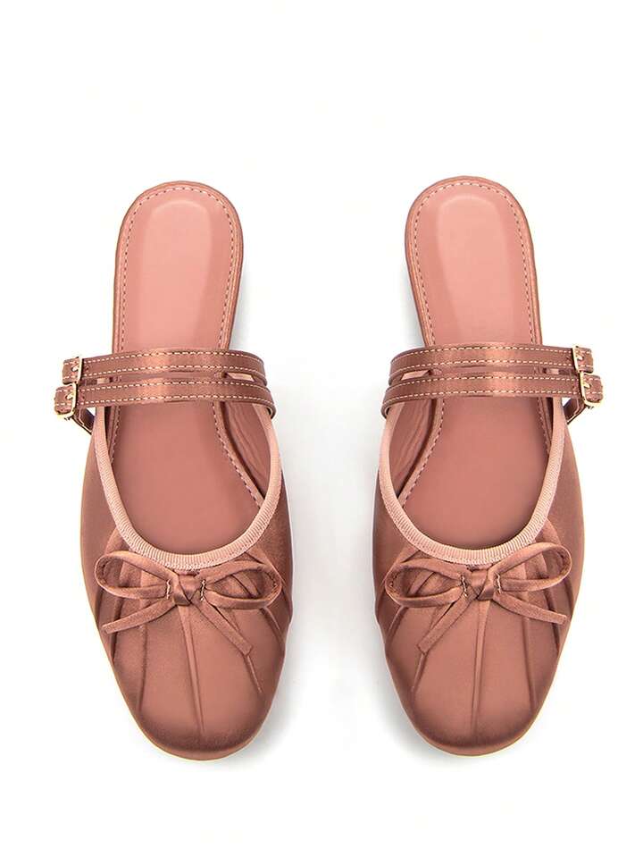 CM-SHS666431 Women Trendy Seoul Style Thin Strap Buckle Bow Satin Square Toe Slip-On Ballet Flats - Rose Gold