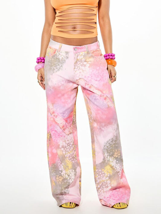 CM-BS700276 Women Casual Seoul Style Low Rise Watercolor Floral All-Over Print Denim Wide Leg Jeans - Pink