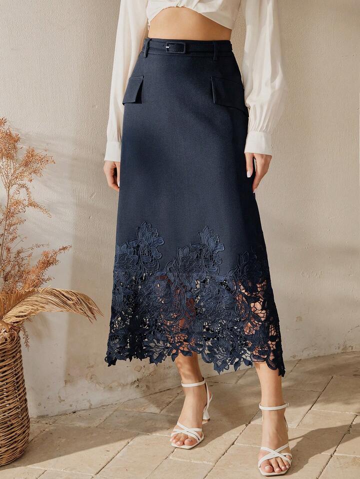 CM-BS827274 Women Elegant Seoul Style Hollow Embroidered Lace Patchwork A-Line Belted Mid-Length Skirt