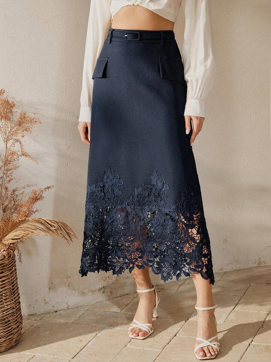 CM-BS827274 Women Elegant Seoul Style Hollow Embroidered Lace Patchwork A-Line Belted Mid-Length Skirt