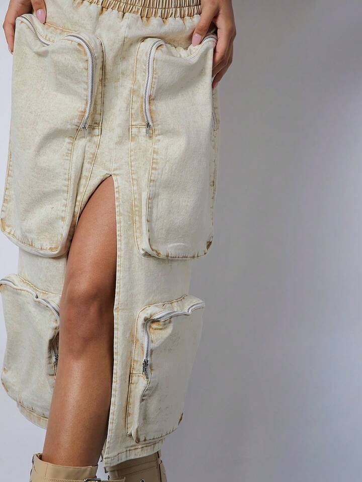 CM-BS113663 Women Casual Seoul Style Cargo Pocket Split Front Denim Skirt - Khaki